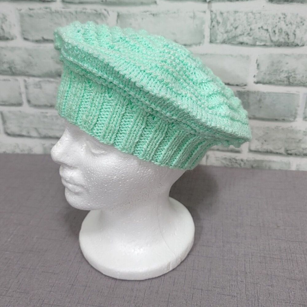 Vintage 70s Handmade Mint Green Metallic Glitter Ribbed Knit Beret Hat Hippie